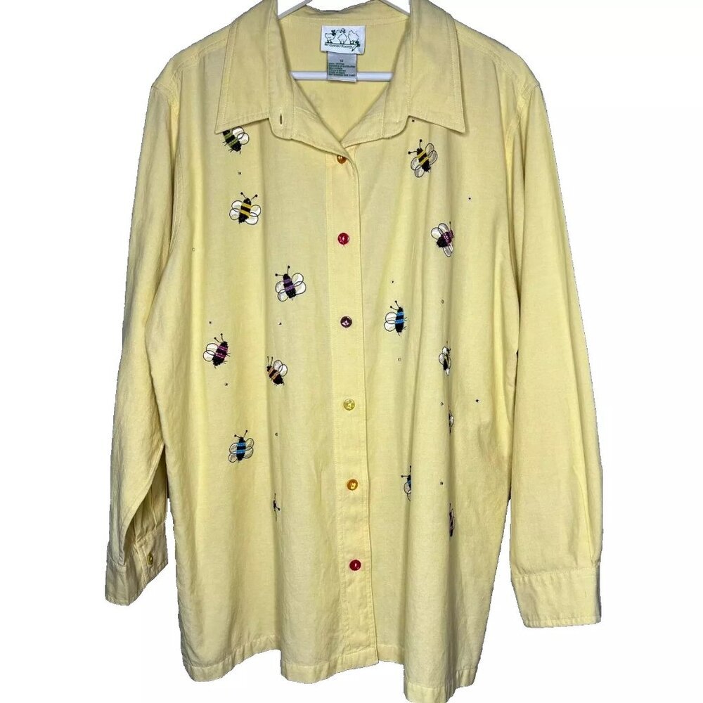 Quacker Factory Top Tunic Button Up 1X Embroidered Beaded Bees Whimsical Cottage